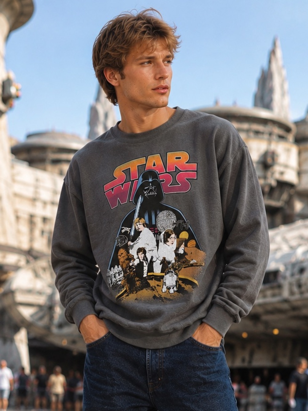 Star Wars Retro Graphic Crewneck Sweatshirt - Dark Gray Charcoal Pullover